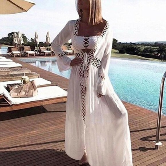 bohowhite crochet/lace detailed tie front kimono coverup - Picture 3 of 14